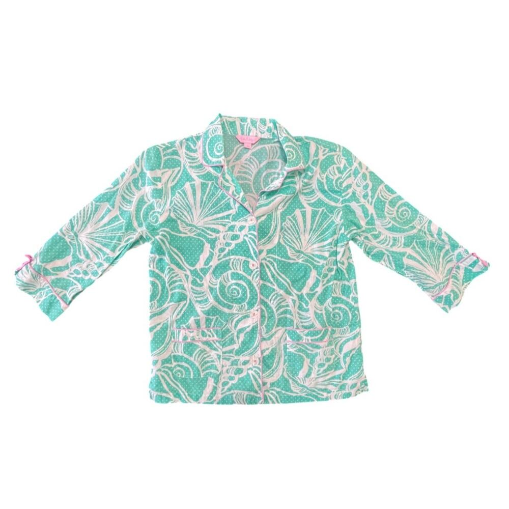 Lilly Pulitzer Green Pink Seashell Butterfly Pajama Top Womens Size Small Beach